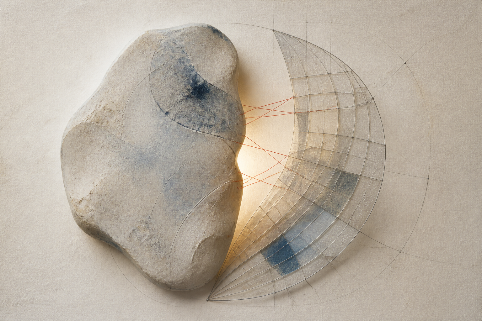 An organic mineral form and a translucent architectural lattice curve around a luminous shared opening, connected by fine red threads