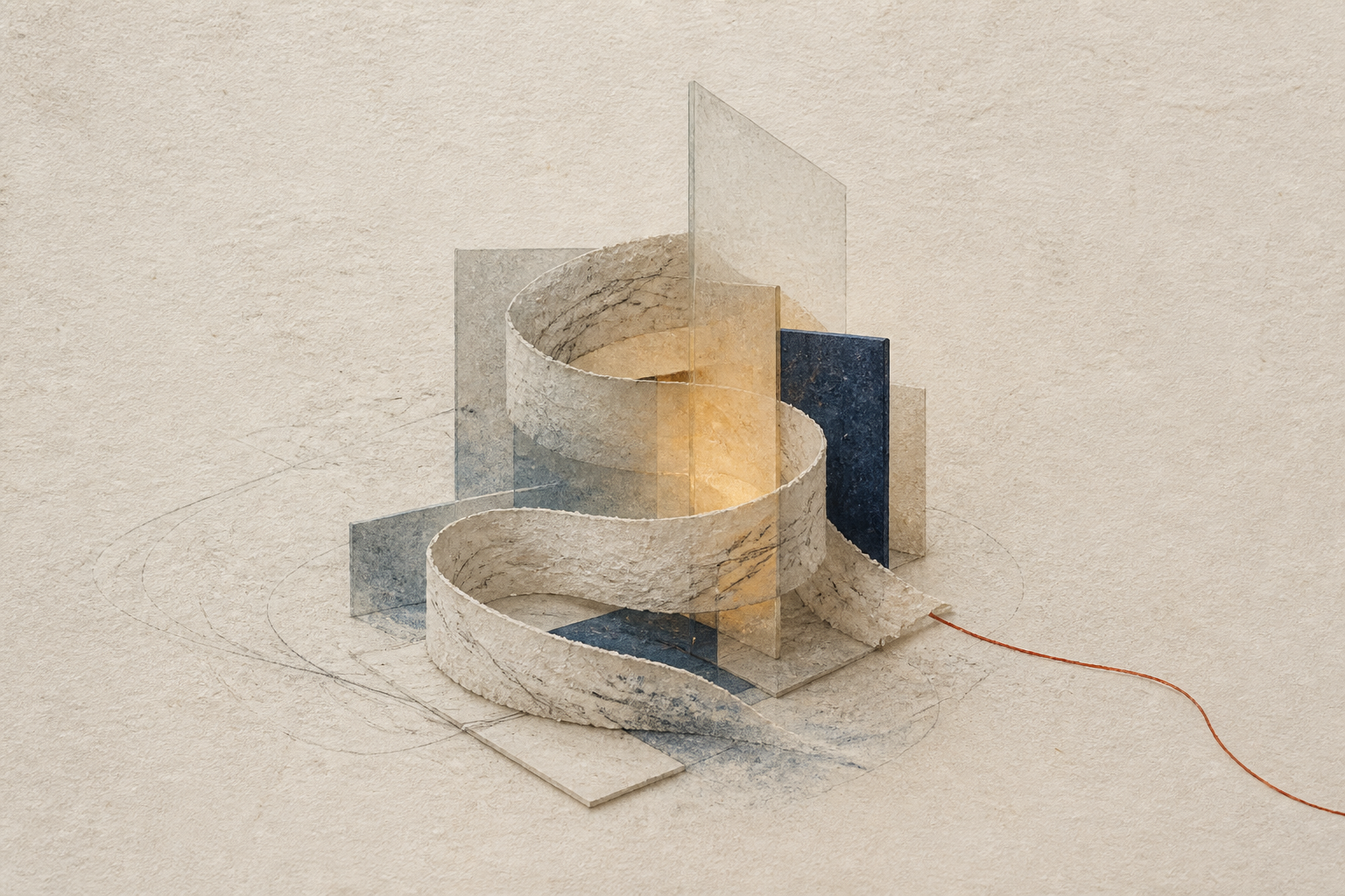 A mineral paper ribbon unfolds through translucent architectural planes toward an amber light