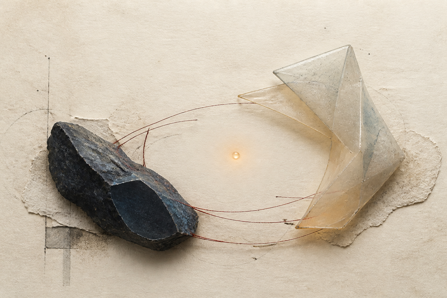 A dark mineral form and a translucent folded form hold open an illuminated unanswered space