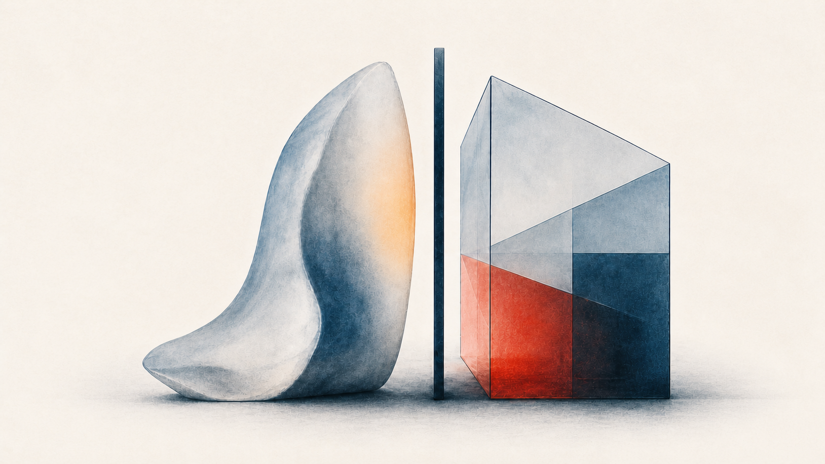 An organic form and a geometric form facing each other across a narrow boundary