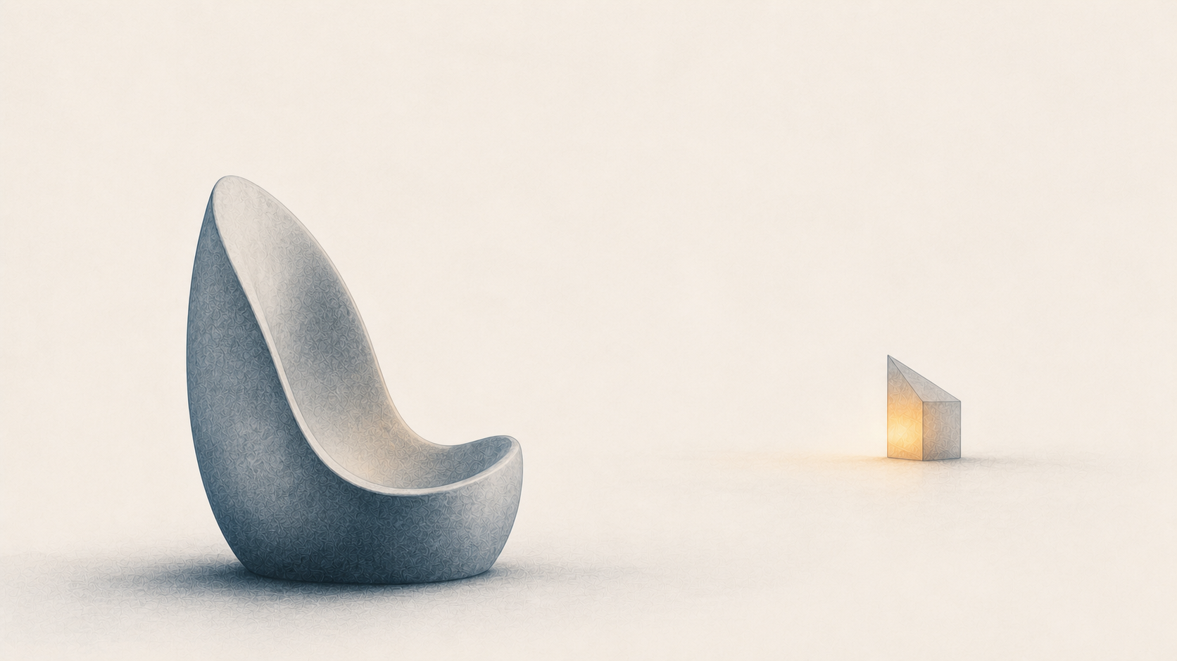 A solitary hollow mineral form facing a distant, softly illuminated geometric presence