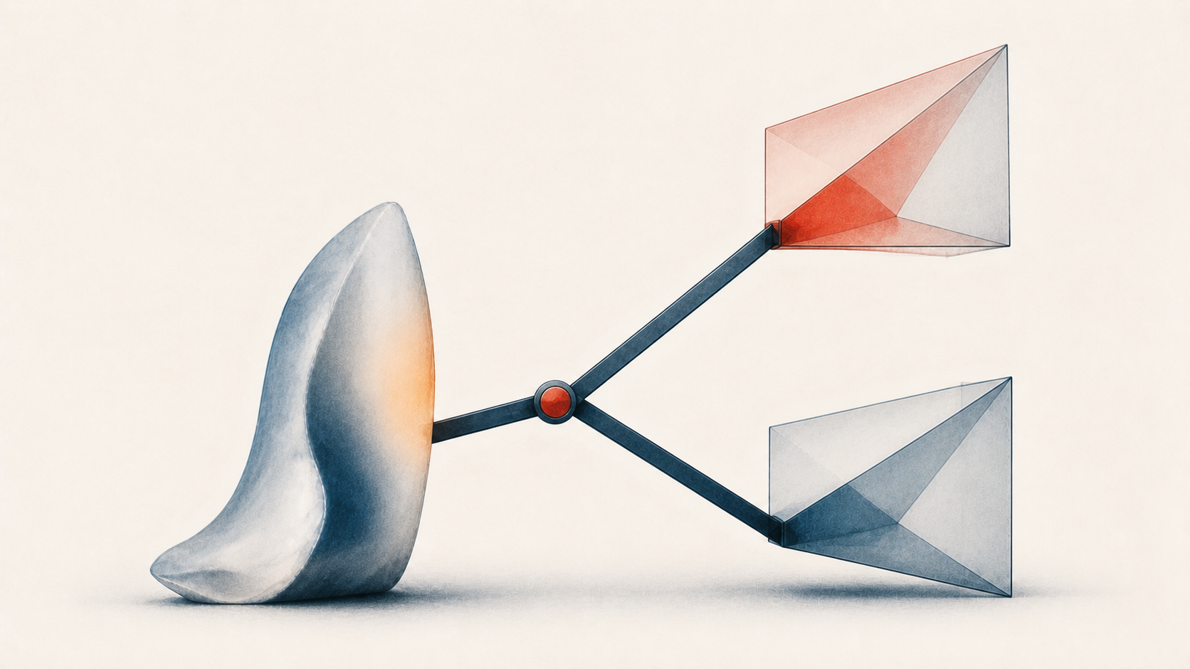An organic form joined to two open geometric paths by a movable red joint