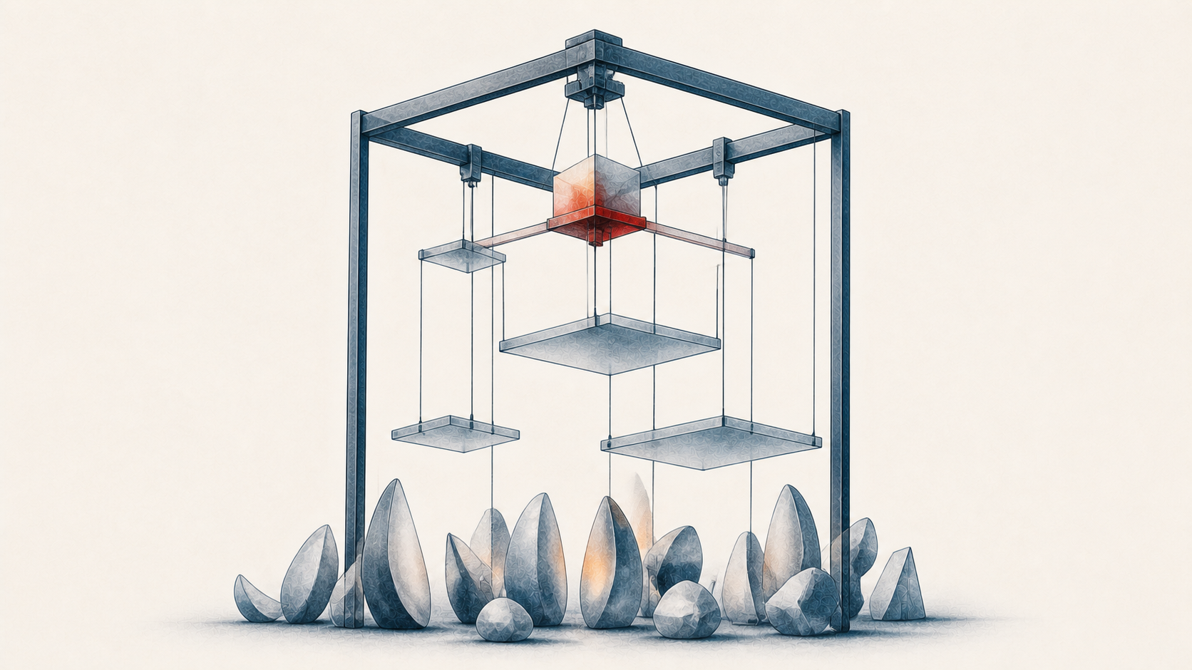 A dark framework suspends unequal platforms above many organic forms through one controlling red junction