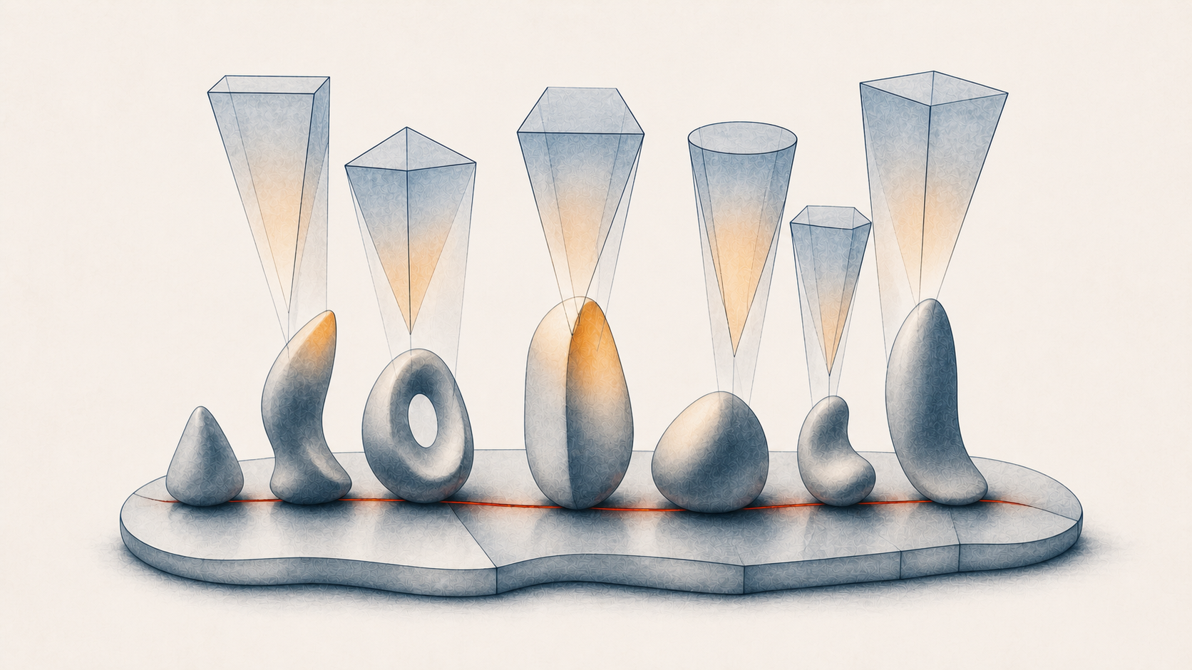 Varied forms share a joined civic surface beneath separate lenses that divide common light
