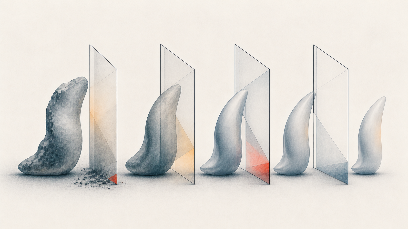 A weathered form becomes smoother through frictionless geometric gates while leaving fragments behind