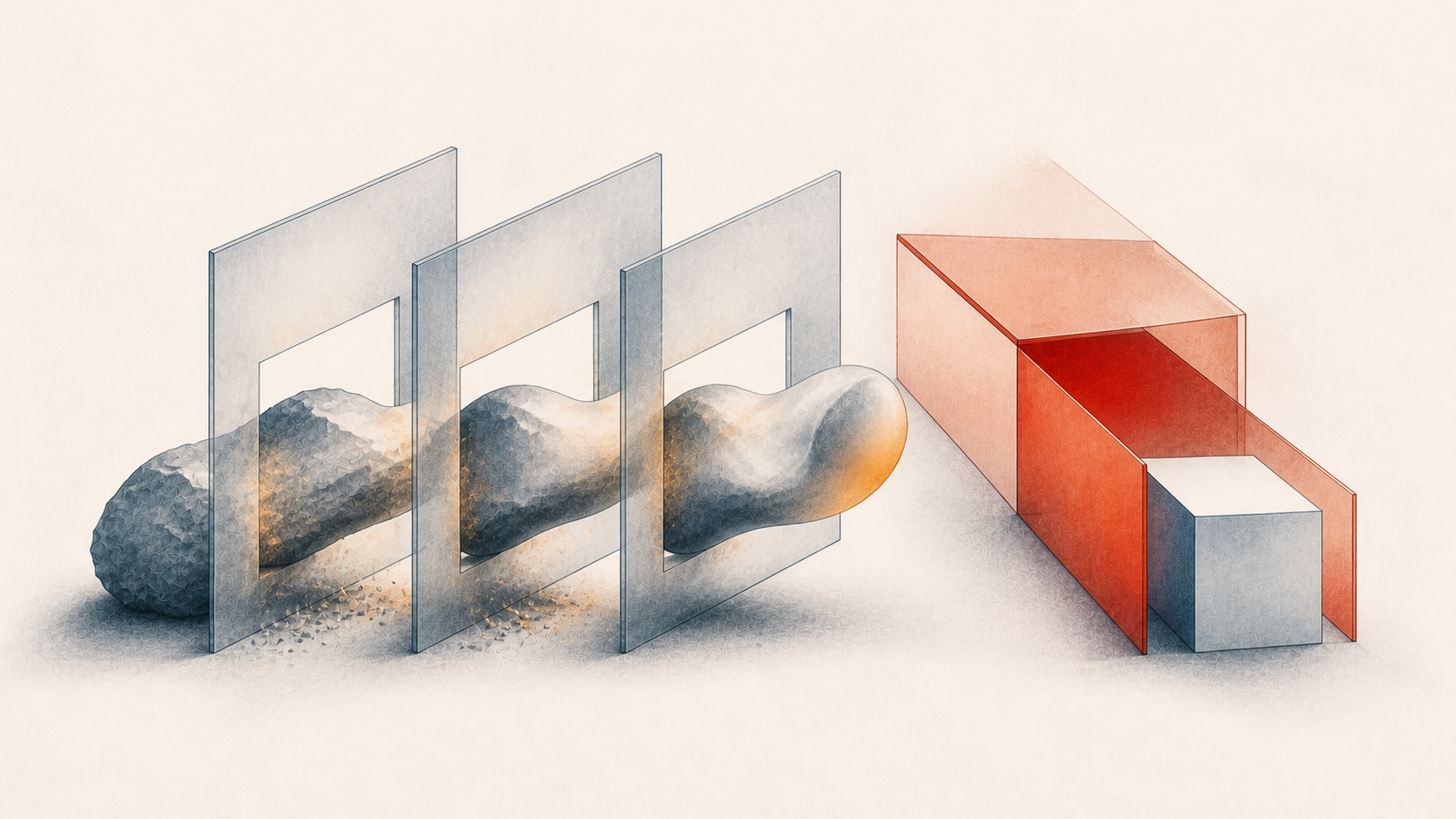 A rough form accumulates skill marks through resistant frames beside a flawless object from a frictionless chute